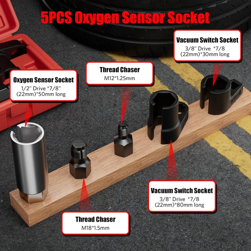 HTOMT 5PCS Oxygen Sensor Socket Removal Tool Wrench and Thread Chaser Set O2 Oxygen Sensor Socket Set Automotive Oxygen Sensor Removers for Removing and Install Oxygen Sensors Hex Vacuum Switches - Image 5
